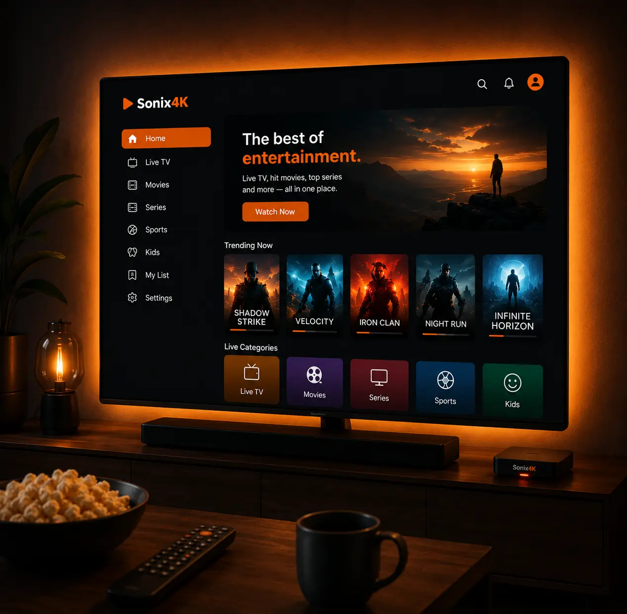 A large wall-mounted television displaying a fictional streaming interface in a modern living room with warm orange ambient lighting
